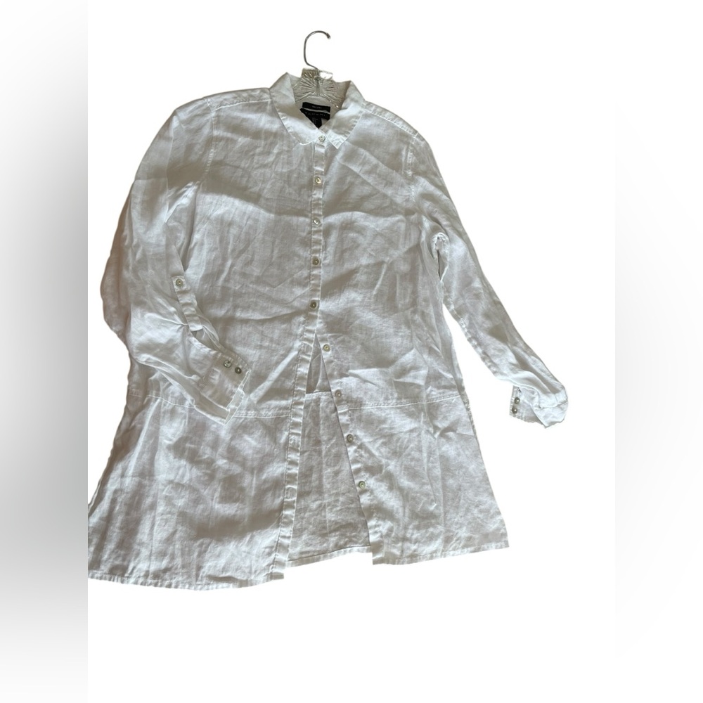 TAHARI 100% Linen Roll Tab Sleeve Button Front Tunic Top Large - Picture 2 of 9